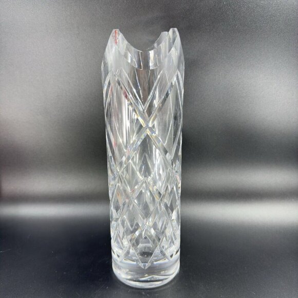 Vintage Ceska Clear Cylinder Crystal Glass Vase Cut Top Edges Czechoslovakia VTG - Picture 11 of 14